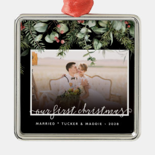 Ornamento De Metal Foto: Primeiro Natal Casado com Greenerescência de