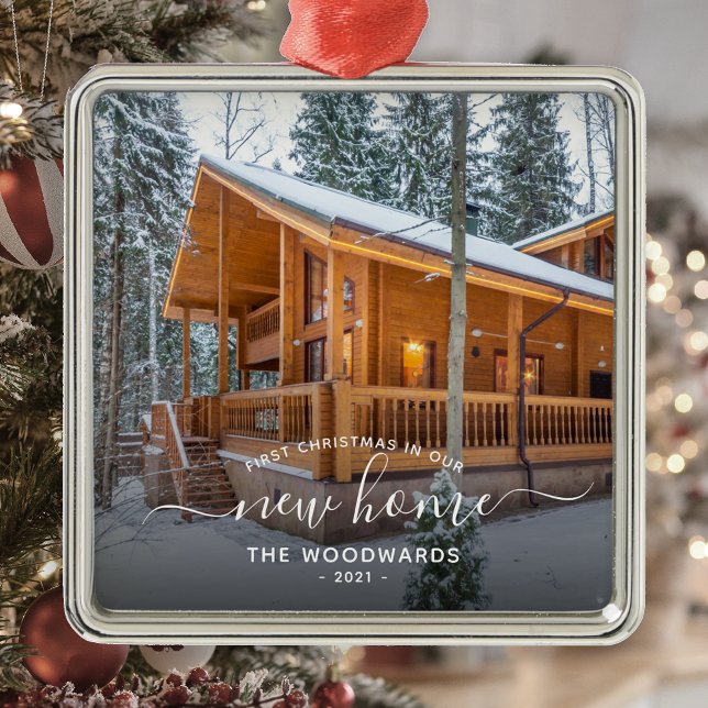 Ornamento De Metal Foto Primeiro Natal Novo Script Branco Casa (Criador carregado)