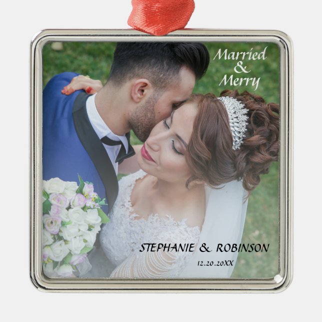 Ornamento De Metal Foto recém-casada Elegante casada e Feliz (Frente)