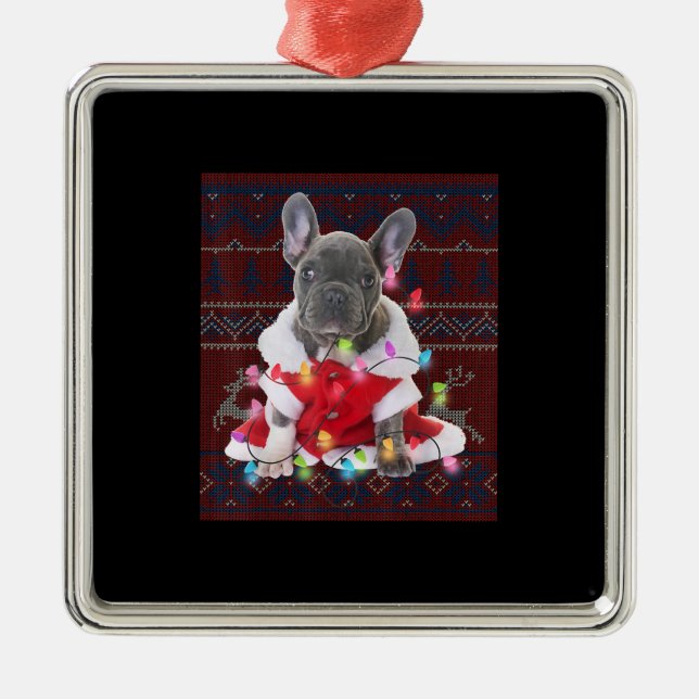 Ornamento De Metal French Bulldog Christmas Lights Ugly Sweater Dog (Frente)