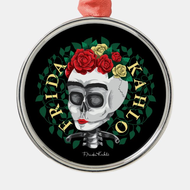 Ornamento De Metal Frida Kahlo | Crânio com Rosa (Frente)