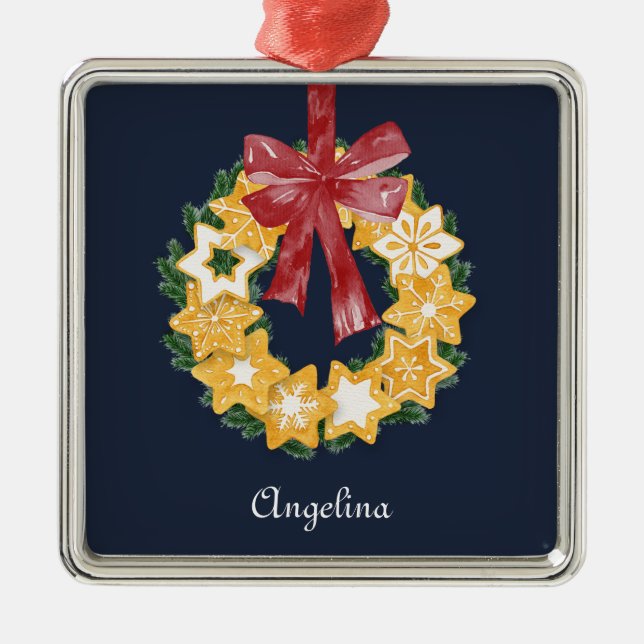 Ornamento De Metal Frota de Cookies de Natal com fundo de Cinza Azul (Frente)