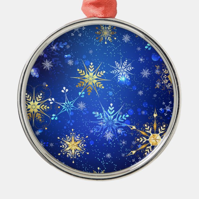 Ornamento De Metal Fundo Azul XMAS com Flocos de Neve Ouro (Frente)
