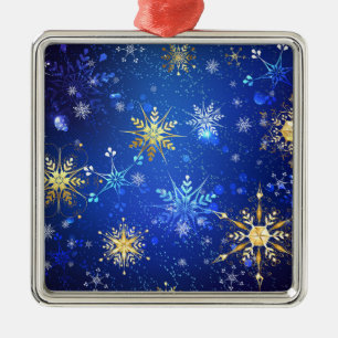 Ornamento De Metal Fundo Azul XMAS com Flocos de Neve Ouro