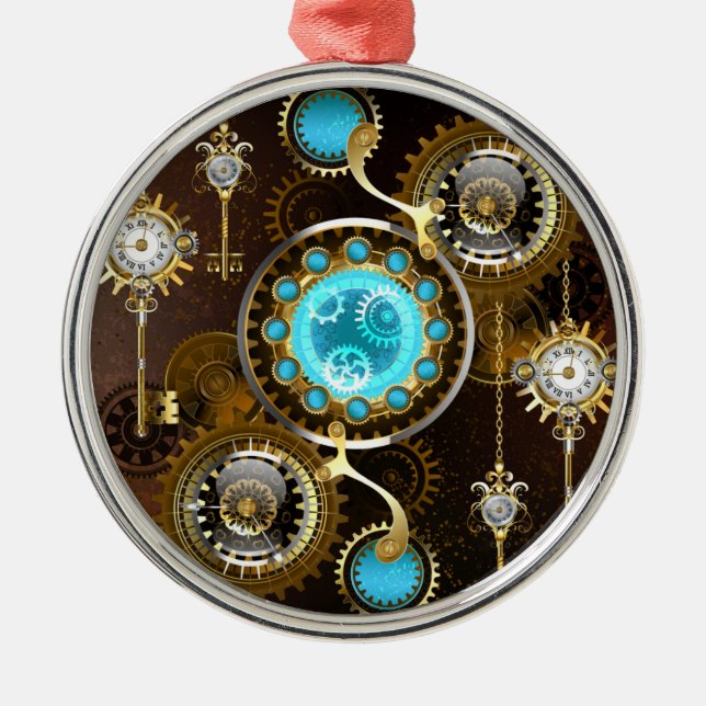 Ornamento De Metal Fundo Rusty Steampunk com Lentes Turquesa (Frente)