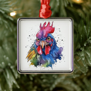 Ornamento De Metal Galo de Campo em Estilo Aquarela