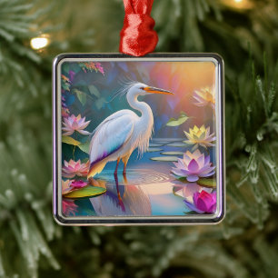 Ornamento De Metal Garça Branca de Bico Laranja Fantasia