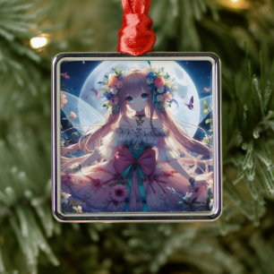 Ornamento De Metal Garota Anime Flor Lua Fada