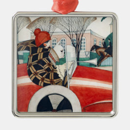 Ornamento De Metal Garota e Cachorro num Automóvel Vermelho