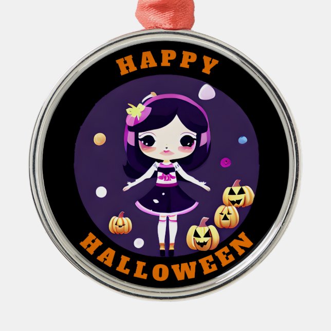 Ornamento De Metal Garota Kawaii bonita no Halloween de Pumpkins (Frente)
