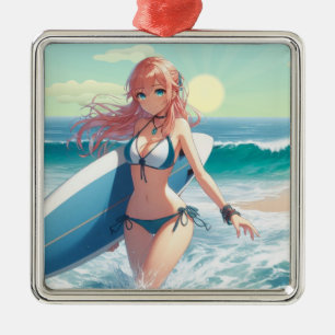 Ornamento De Metal Garota surfista de anime costeira/náutica/tropical