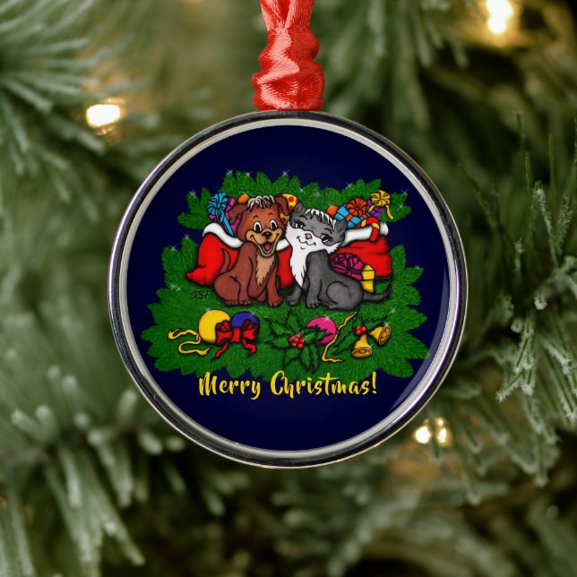 Ornamento De Metal Gatinho e puppy, XMas feliz (Árvore)