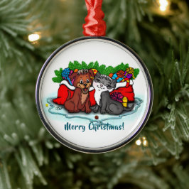 Ornamento De Metal Gatinho e puppy, XMas feliz