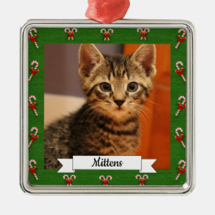 Ornamento De Metal Gatinho Personalizável de Quadro Verde Candy Cane