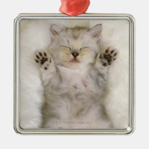 Ornamento De Metal Gatinho que dorme em um tapete macio branco,
