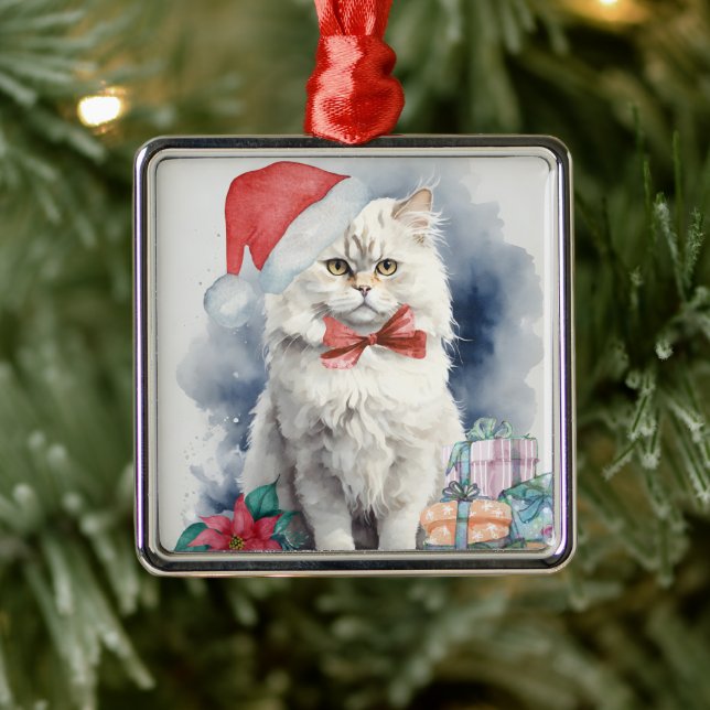 Ornamento De Metal Gato branco bonito no Papai Noel dá presente de Na (Árvore)