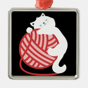 Ornamento De Metal Gato branco-cúmulo com bola de fios