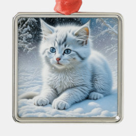 Ornamento De Metal Gato Branco giro brincando no Natal da neve