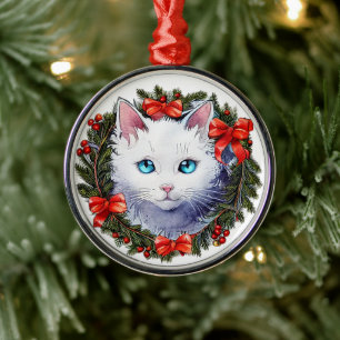 Ornamento De Metal Gato Branco na Pintagem de Aquarela de Natal,