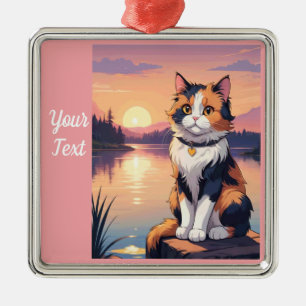Ornamento De Metal Gato Calico junto ao Lago