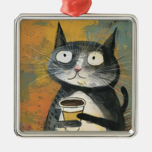 Ornamento De Metal Gato Cinza com Café em Ocre