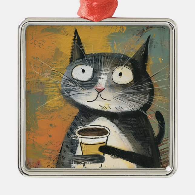 Ornamento De Metal Gato Cinza com Café em Ocre (Frente)
