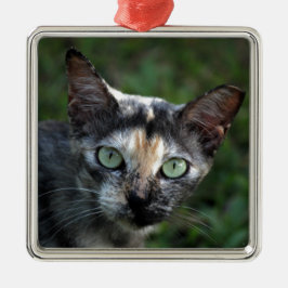 Ornamento De Metal Gato Cinza Marrom Branco com Olhos Verdes