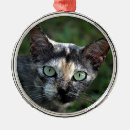 Ornamento De Metal Gato Cinza Marrom Branco com Olhos Verdes
