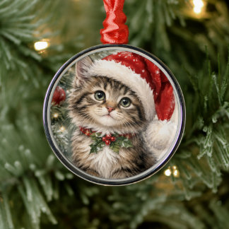 Ornamento De Metal Gato de Natal com Chapéu de Papai Noel