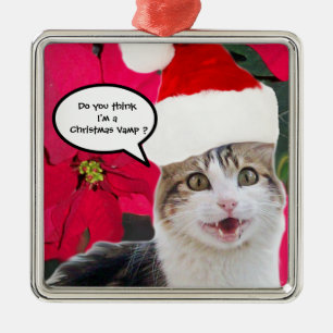ORNAMENTO DE METAL GATO DE NATAL COM CHAPÉU DE SANTA CLAUS E POINSET