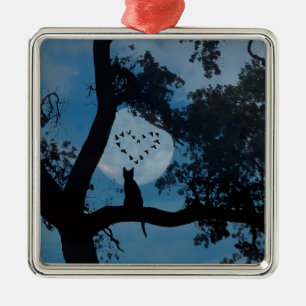 Ornamento De Metal Gato e Lua de Cute com Pássaros Órnmen Cerâmico