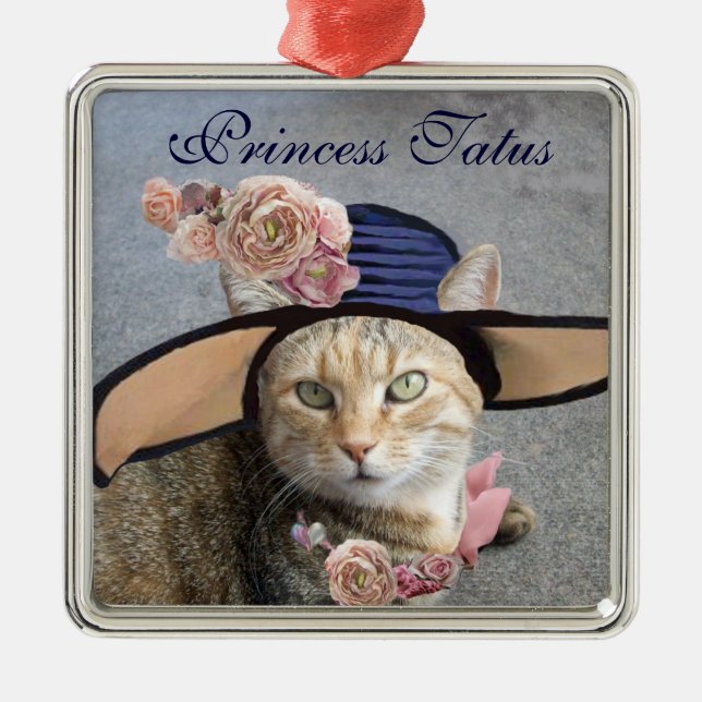 ORNAMENTO DE METAL GATO ELEGANTE COM GRANDE CHAPÉU DE DIVA, ROSAS PIN (Frente)