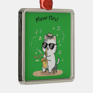 Ornamento De Metal Gato Engraçado Tocando Saxofone Jazz