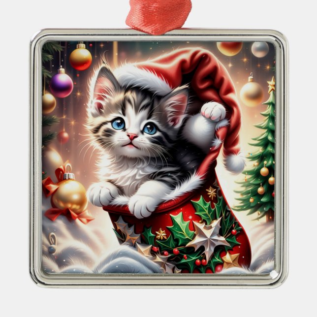 Ornamento De Metal Gato Feliz de Natal (Frente)