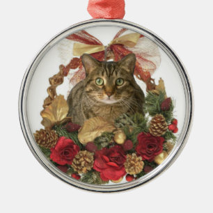 Ornamento De Metal Gato gordo na cesta do Natal