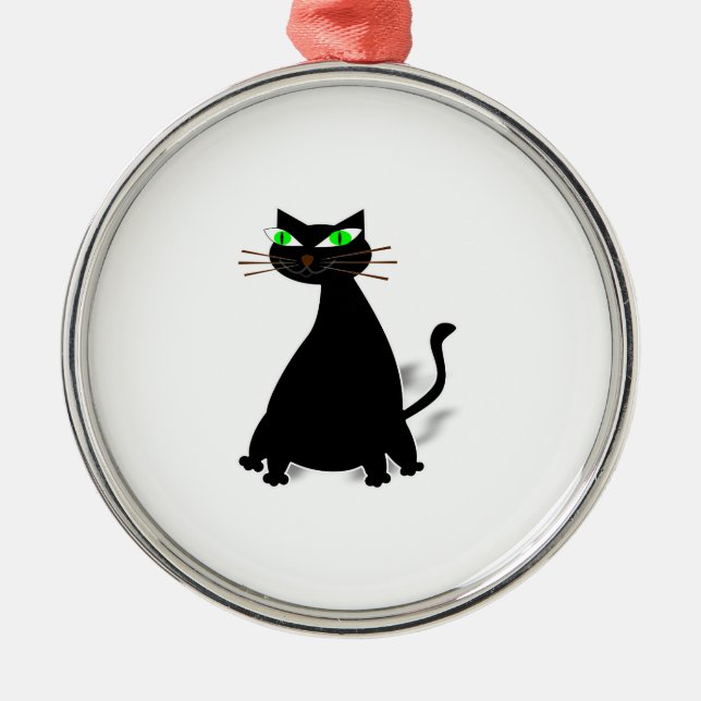 Ornamento De Metal Gato Gordo Preto Com Olhos Verdes (Frente)
