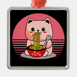 Ornamento De Metal Gato Kawaii bonito comendo rêmen