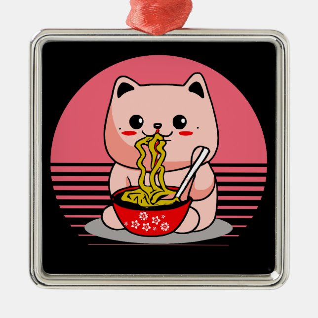 Ornamento De Metal Gato Kawaii bonito comendo rêmen (Frente)