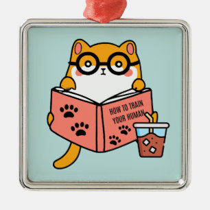 Ornamento De Metal Gato Kawaii bonito lendo um livro