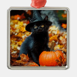 Ornamento De Metal Gato Negro e Abóbora do Halloween