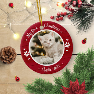 Ornamento De Metal Gato Pet Primeiro Natal Simples Foto Rústico