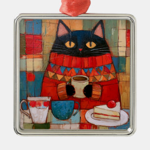 Ornamento De Metal Gato Preto Aconchegante Bebendo Café No Café