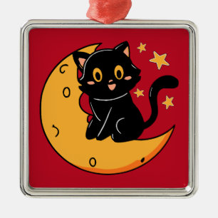 Ornamento De Metal Gato preto bonito sentado na lua
