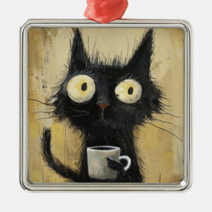 Ornamento De Metal Gato Preto Desgrenhado com Café em Marrom Grunge