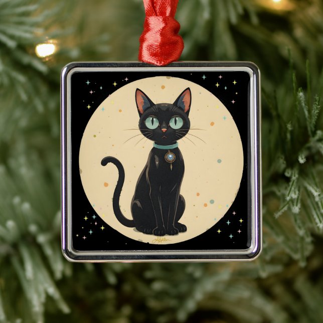 Ornamento De Metal Gato Preto Futurista Atômico Lua (Árvore)