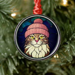 Ornamento De Metal Gato Tabby de Natal em Vidro Colorido com Boné Ros