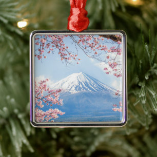 Ornamento De Metal Gelo e neve Cherry Blossoms Mt. Fuji Japão