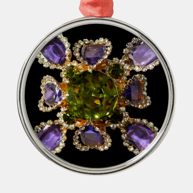 Ornamento De Metal Gemstones verdes roxos de diamantes elegantes (Frente)