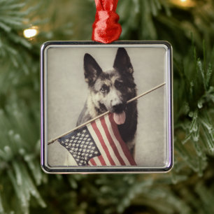 Ornamento De Metal German shepherd com Sinalizador dos EUA