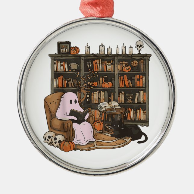 Ornamento De Metal Ghost Reading Book Cat lover Halloween (Frente)